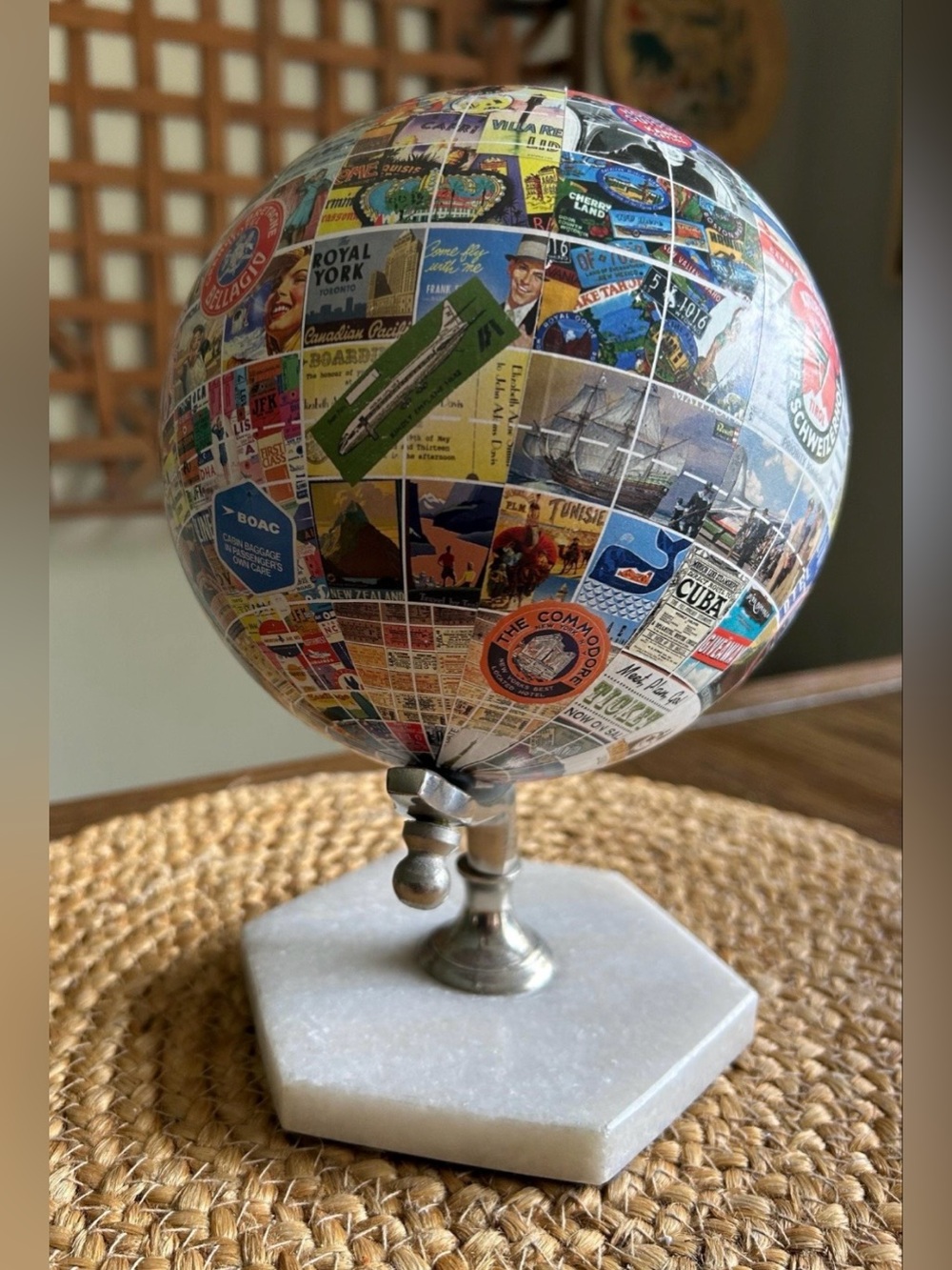 Vintage Travel Sticker Globe - Multicolor with Marble Base